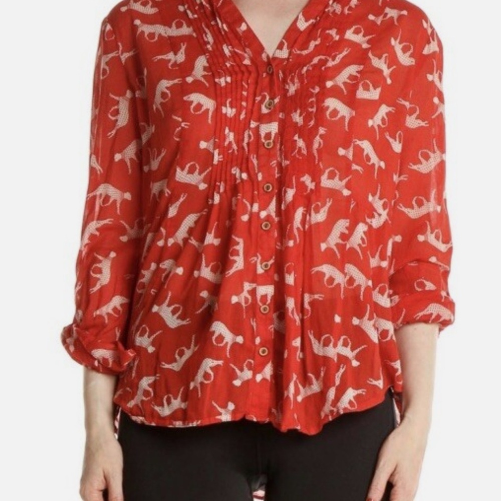 Anthropologie Maeve Pintuck Cheetah Cat Print Sheer V Neck Blouse Red Size 4